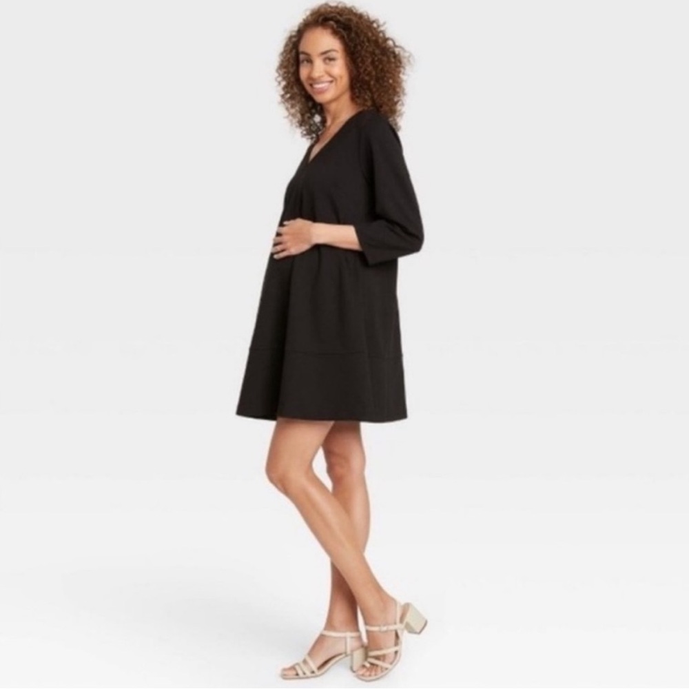The Nines by Hatch Maternity Dress Small 3/4 Sleeve Fit Flare Ponte V-neck